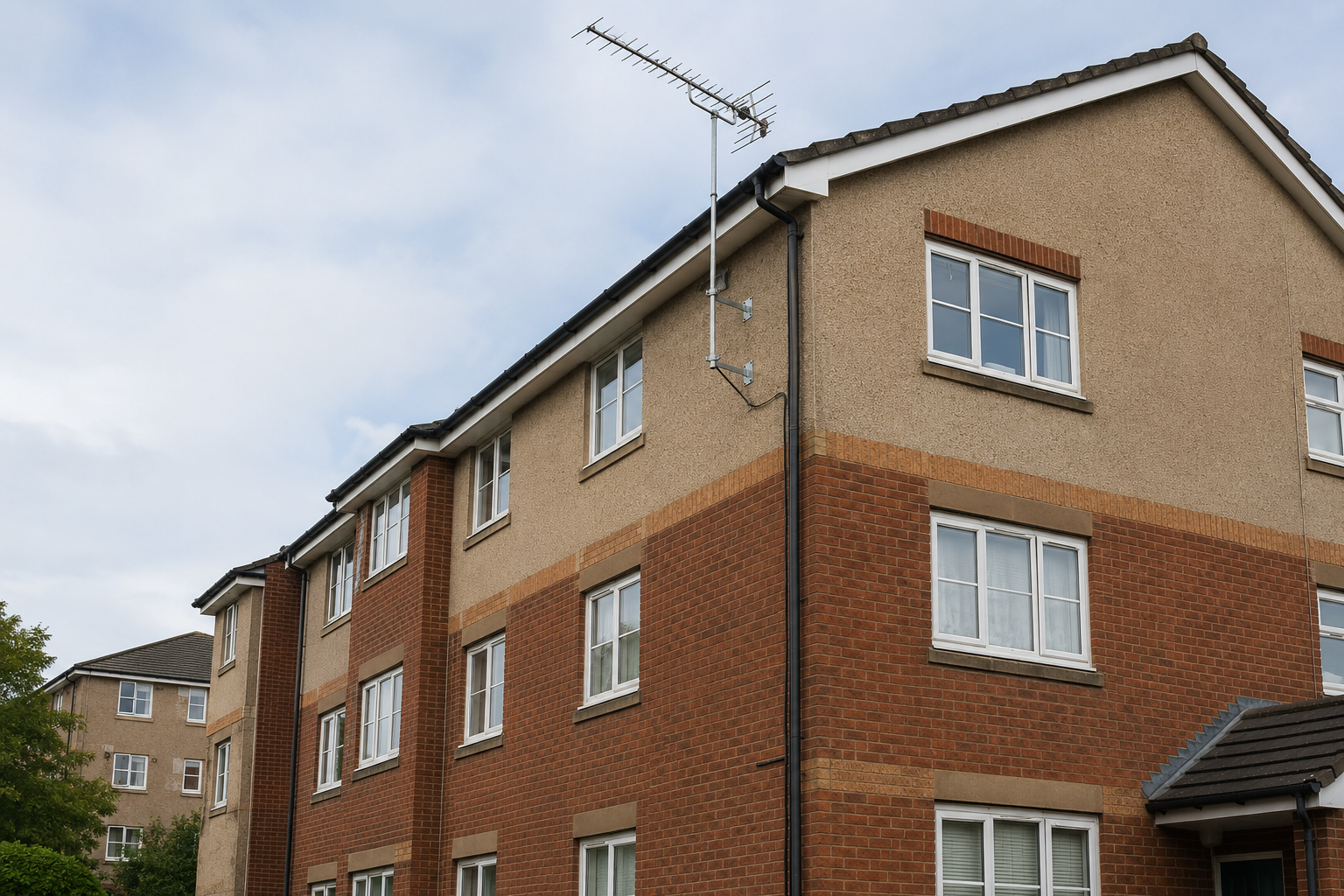 TV aerial mounted to a Leicester residential apartment block