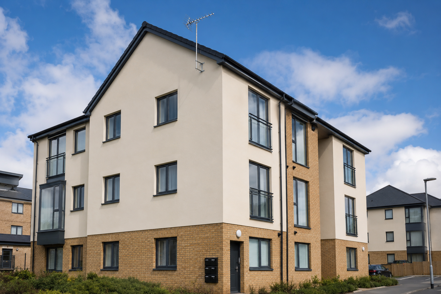 Wall mounted TV aerial on modern Leicester flats